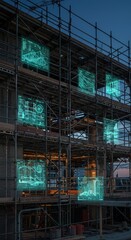 Construction site with projected blueprints