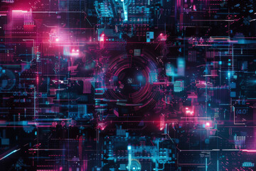 Naklejka premium High-tech control room with digital screens displaying global data, business analytics, and telecommunication networks.