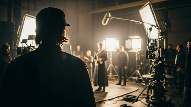 Behind the scenes of a film production. A director in a baseball cap watches actors on a professional movie set with cameras and lighting equipment.