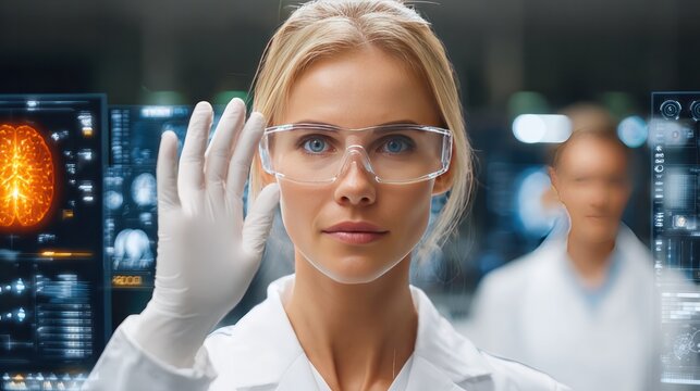 Scientist Examining Hologram: A female scientist, wearing safety glasses and gloves, interacts with a holographic projection of a brain scan. - Powered by Adobe