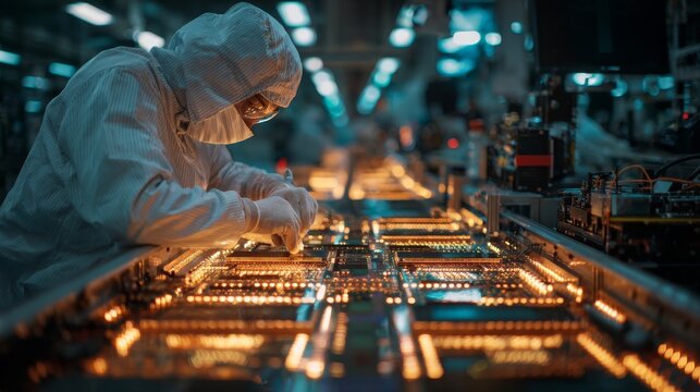 Detailed overview of the manufacturing process of chips and microprocessors in a factory environment