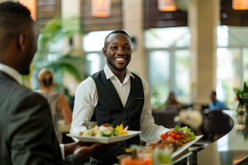 Cheerful African American man in a stylish vest and tie enjoying a conversation in a luxurious restaurant setting.