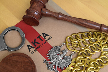 Justice, criminal case files, handcuffs, chains and the judge's gavel