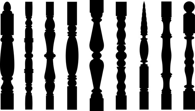 Collage of different stair spindles and balusters isolated on white background