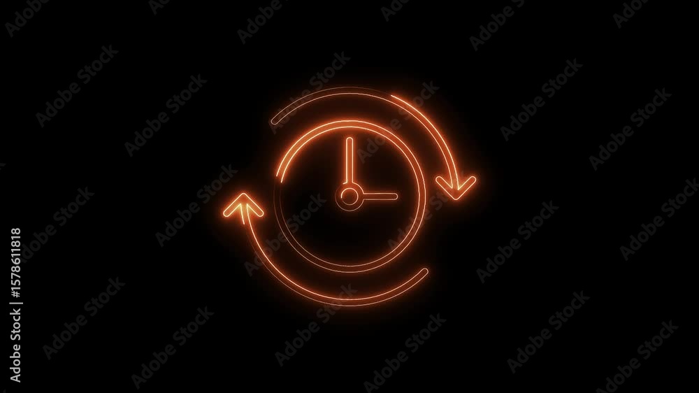 Poster orange neon clock icon with rotating arrows on black background for time management