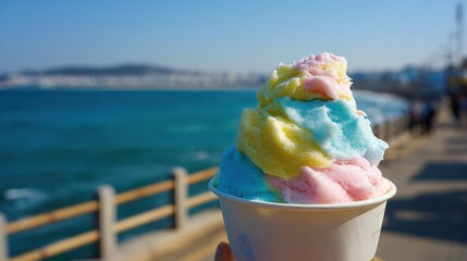 Colorful rainbow-colored ice cream served in paper cups, blurred background emphasizing the vibrant colors and textures of summer frozen desserts, a pleasant moment of vibrant summer food.