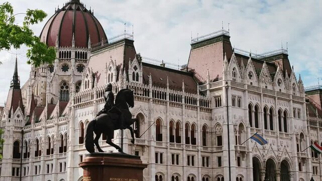Hungarian Parliament Building with statue in Budapest