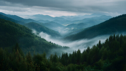 Fototapeta premium Misty Morning in a Verdant Mountain Valley with Layers of Green Peaks and Overcast Sky