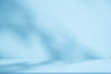 Blue Background Studio with Gradient White Light on Podium stage for Product Display Present,Empty Backdrop wall texture with abstract sun light on floor concrete in pastel blue tone color for Winter