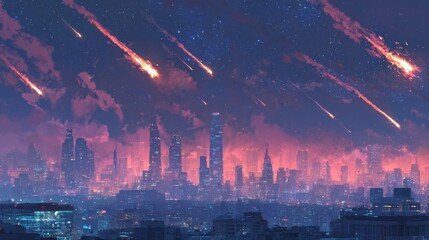 Nighttime assault  rockets strike the city, igniting fear and destruction in the darkness