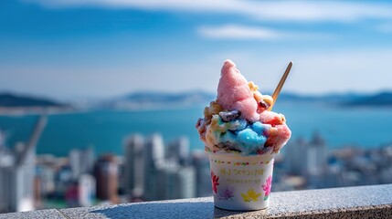 Colorful rainbow-colored ice cream served in paper cups, blurred background emphasizing the vibrant colors and textures of summer frozen desserts, a pleasant moment of vibrant summer food.