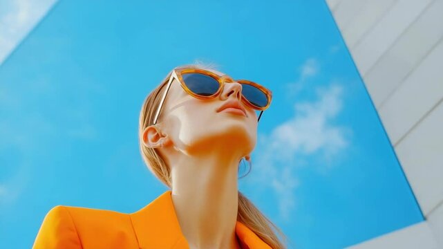 A stylish woman posing against a clear blue sky, wearing an orange blazer and bold sunglasses. Her fashion-forward outfit suggests urban style and trendy city life.