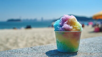 Colorful rainbow-colored ice cream served in paper cups, blurred background emphasizing the vibrant colors and textures of summer frozen desserts, a pleasant moment of vibrant summer food.