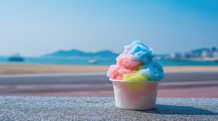 Colorful rainbow-colored ice cream served in paper cups, blurred background emphasizing the vibrant colors and textures of summer frozen desserts, a pleasant moment of vibrant summer food.