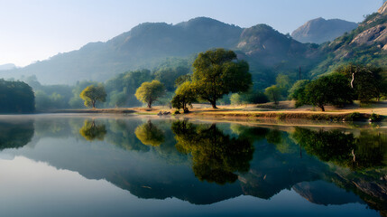 Serene Morning Reflection of Lush Green Trees and Misty Mountains on a Calm Lake Surface