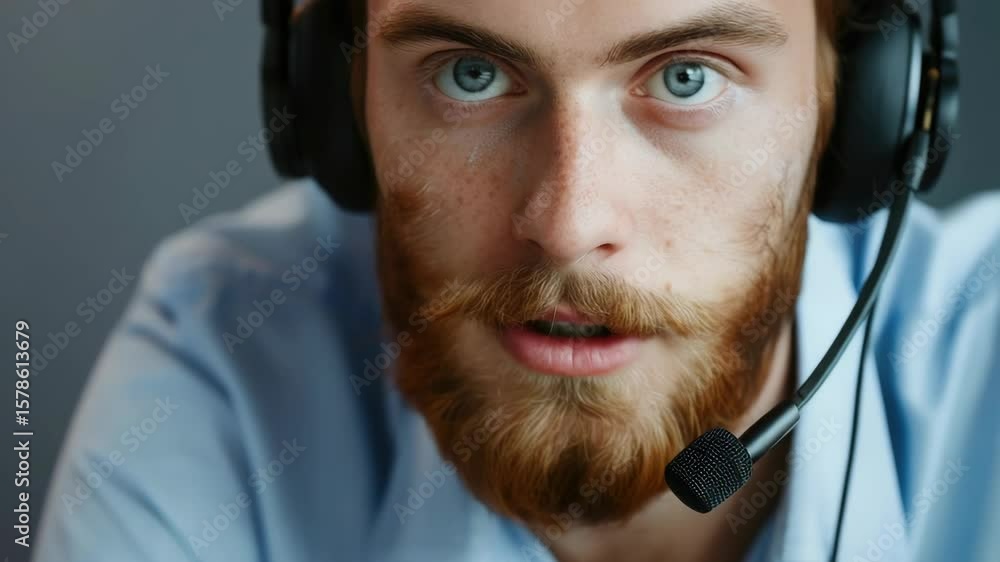 Poster man with headset listening attentively to customer issue.