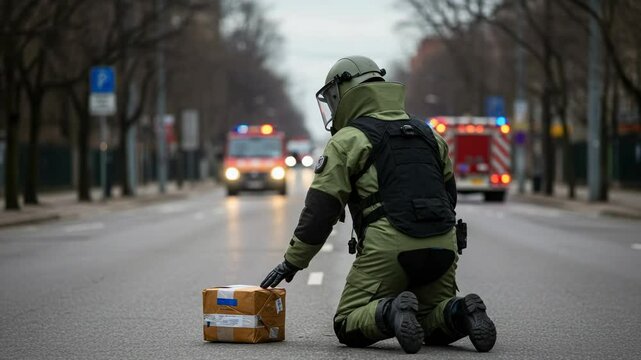 Bomb disposal expert in a protective suit kneels on a city street to examine a suspicious package. Emergency services are in the background.