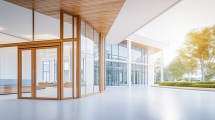 Fototapeta premium Modern Glass Building with Minimalist Design and Natural Landscaping