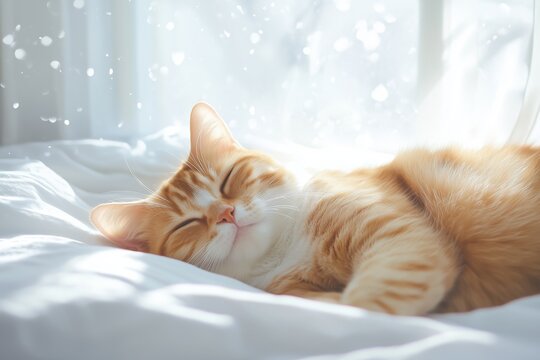 Adorable Ginger Cat Sleeping Peacefully on White Bed