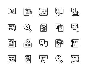 Fake News related vector linear icons set. Contains such icons as internet hoax, warning, deception, network, information and more.