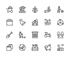 Agriculture related vector linear icons set. Contains such icons as field, sowing, fertilizer, agro-industry, nutrition and more.