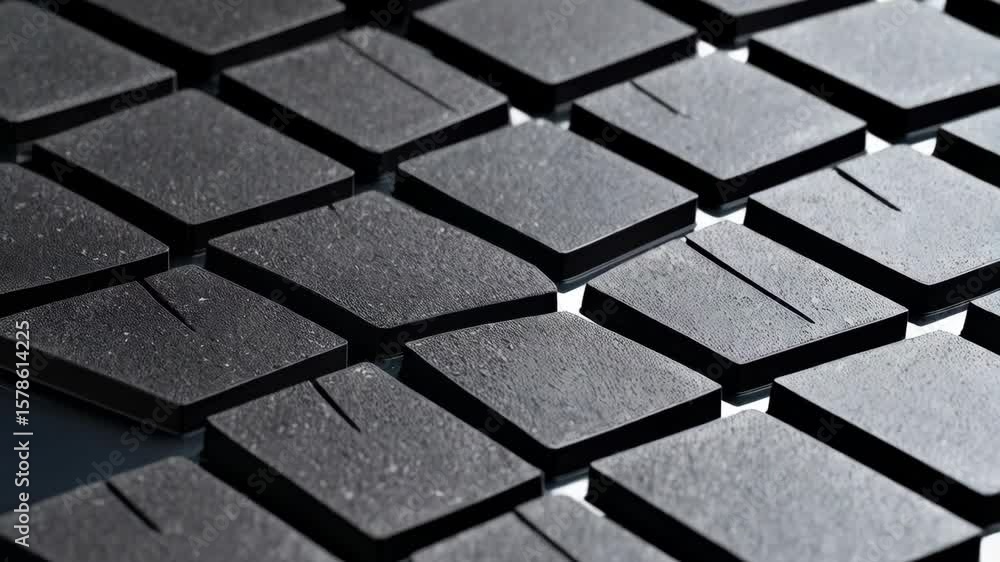 Poster close-up view of a textured dark gray geometric tile pattern with slight separation providing a subt