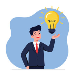 Cartoon man presenting business idea with lightbulb