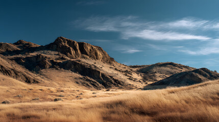Fototapeta premium Rugged Golden Hour Landscape with Arid Mountains and Dry Grass under a Deep Blue Sky