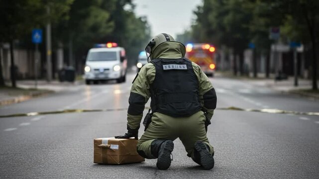 SAPERI. Bomb disposal expert in a protective suit kneels before a suspicious package on a city street. Emergency services in the background.