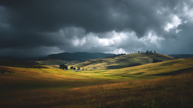 Dramatic storm clouds casting shadows and light over sun-drenched rolling hills and fields