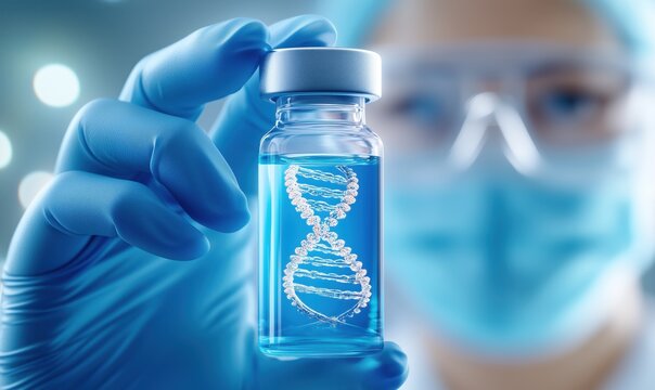 Laboratory scene with DNA sample in glass vial — gene therapy and biotech