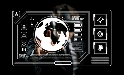 Futuristic Technology Interface Displaying Global Data and Virtual Controls with Business Person...