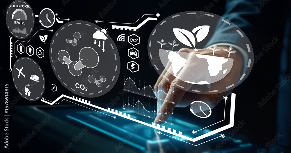 Poster digital touchscreen interface for sustainable technology analysis with eco-friendly graphics and dat