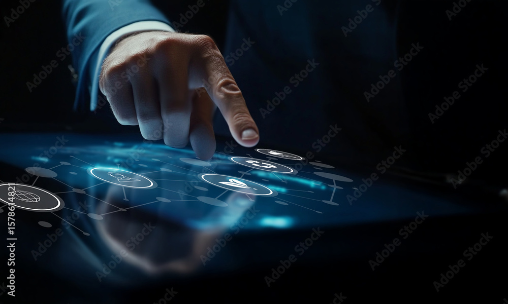 Poster close-up of a businessman interacting with innovative digital interface and touchscreen display in a