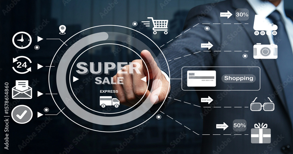 Poster businessman using touchscreen interface to access shopping sale features and promotions with icons r