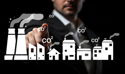 Businessman Pointing to Illustrative Factories and Buildings Emitting Carbon Dioxide in a Concept...