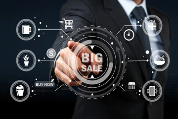 Businessman in Suit Engaging with Digital Interface Representing E-commerce, Sales Promotions, and Online Shopping Concepts in Modern Business Environment