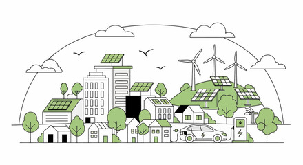 Sustainable city vector illustration showing wind turbines, solar panels and electric vehicles for ecological lifestyle