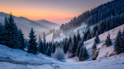 Fototapeta premium Golden Hour Glow over Frost-Kissed Pine Forests in a Majestic Winter Mountain Valley Landscape
