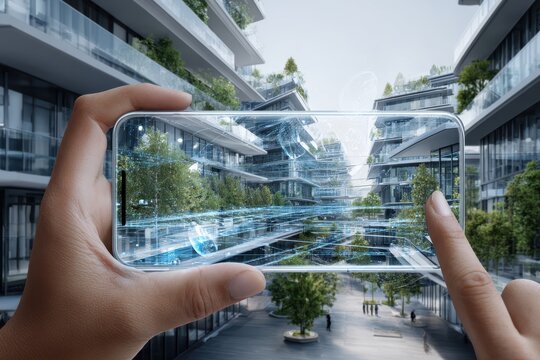 Hand holding smartphone showcasing futuristic urban landscape with greenery - Powered by Adobe