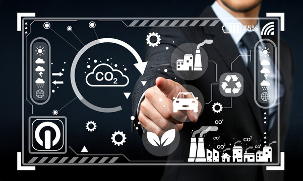 Businessman Interacting with Digital Interface on Environmental Impact, Climate Change Solutions, and Carbon Reduction Strategies