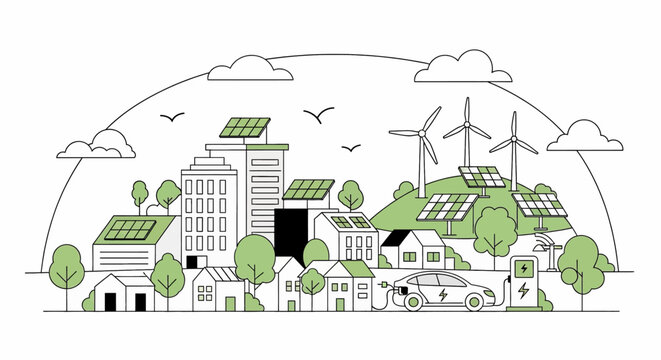 Sustainable city vector illustration showing wind turbines, solar panels and electric vehicles for ecological lifestyle