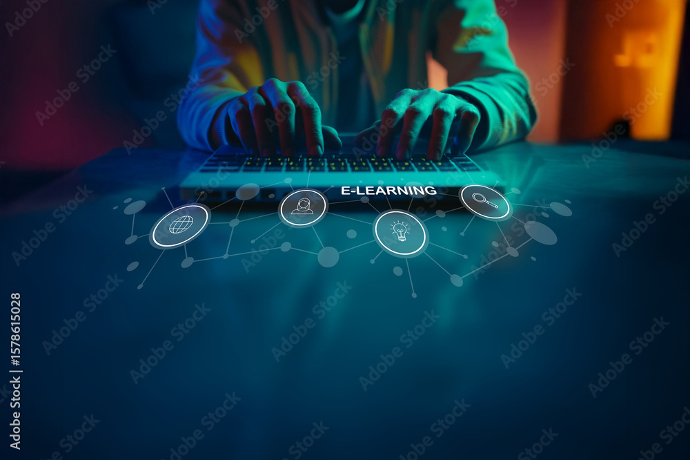 Poster hands typing on laptop keyboard with glowing icons representing e-learning, technology, education, a