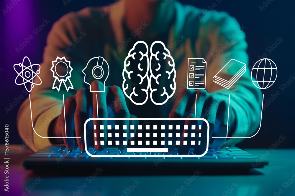 Poster hands typing on a keyboard with abstract icons representing knowledge, education, technology, and cr