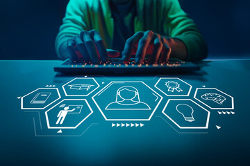 Hands on a Keyboard with Iconic Representations of Education, Knowledge, Creativity, and Innovation...