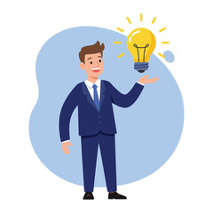 Happy businessman with idea bulb in hand