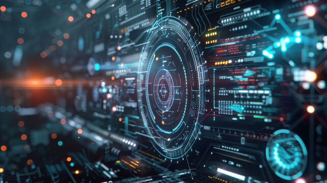 Futuristic interface with glowing elements displaying complex data and digital information flow - Powered by Adobe