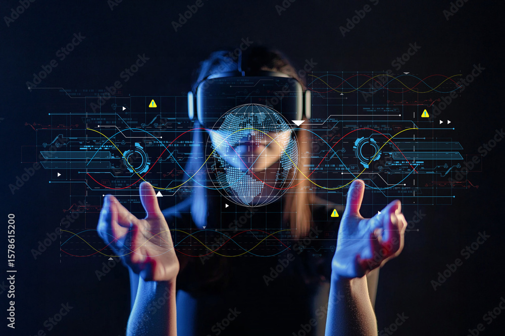 Aufkleber futuristic woman interacting with virtual reality interface using vr headset and digital projection 