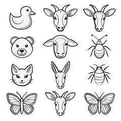 Diverse Animal Faces And Insect Illustrations duck