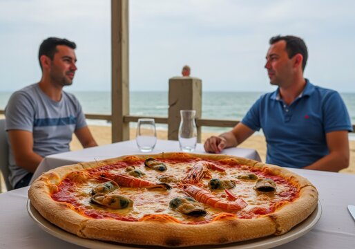 young people with pizza on sea side